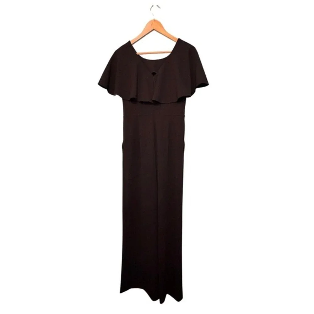 Calvin Klein Flutter Sleeve Wide Leg‎ Jumpsuit Black Stretch Crepe 6